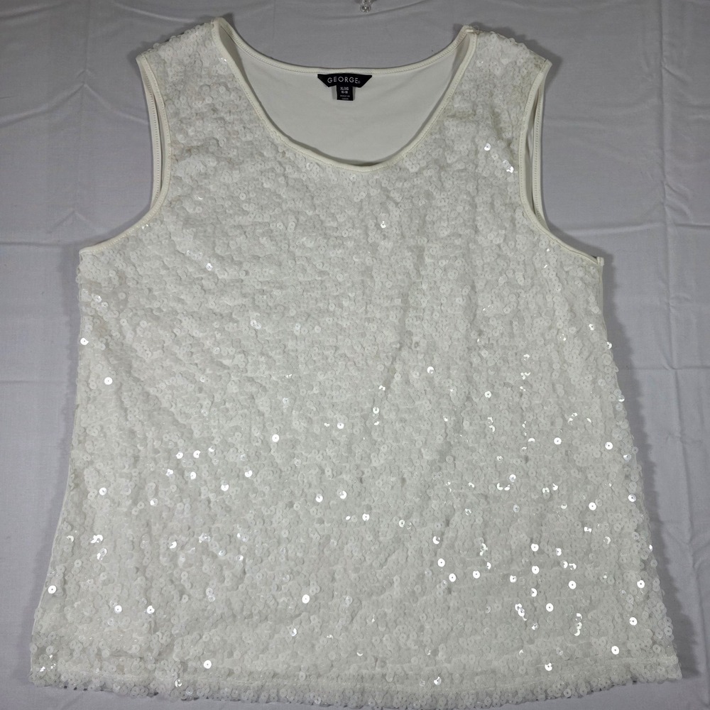George Womens XL White Sequin Tank Top Sleeveless Scoop Neck Party Blouse